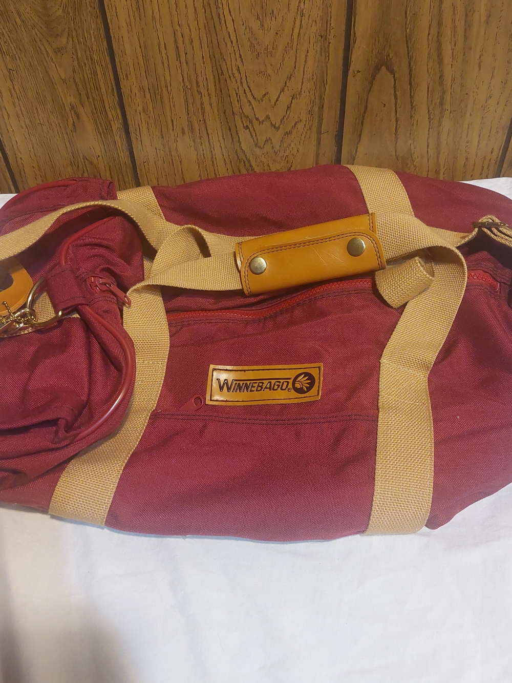 Vintage 80s Winnebago Canvas Duffel Bag Maroon Zipper 3 Compartments Strap